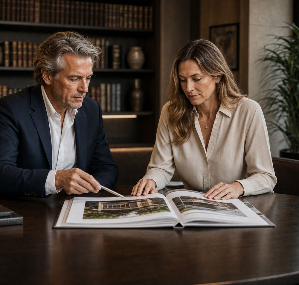 Twee adviseurs van International Brokers buigen zich samen over
                een plattegrond aan een houten tafel
