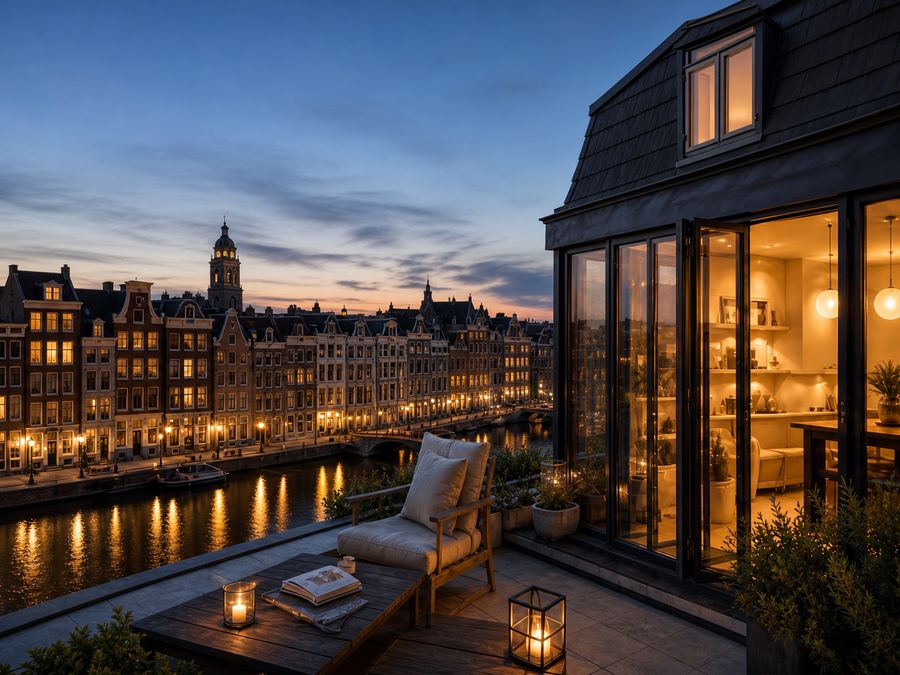 Terras van een grachtenpenthouse in Amsterdam bij schemering